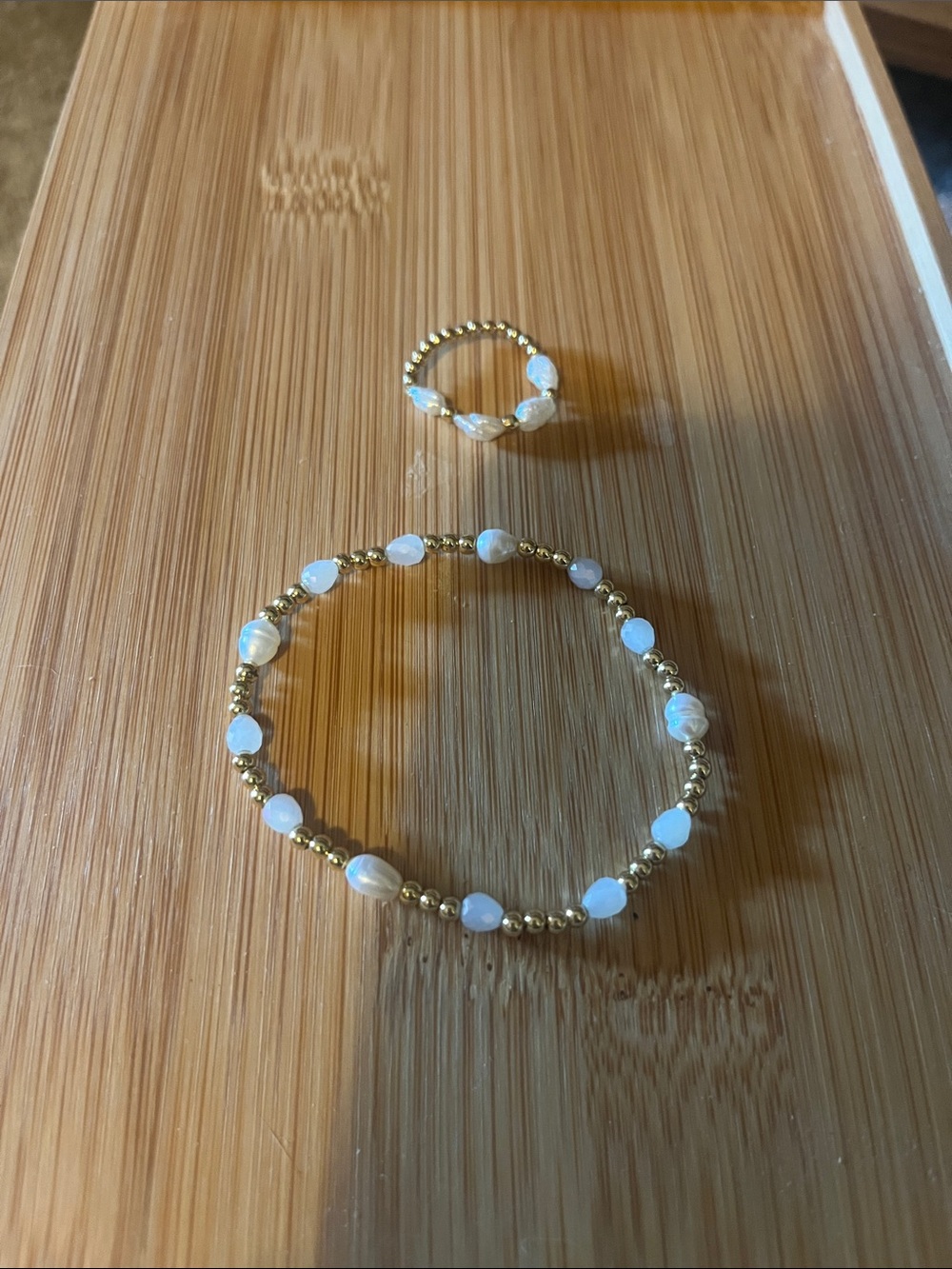 Gold and White Pearl Beaded Bracelet and Ring Set